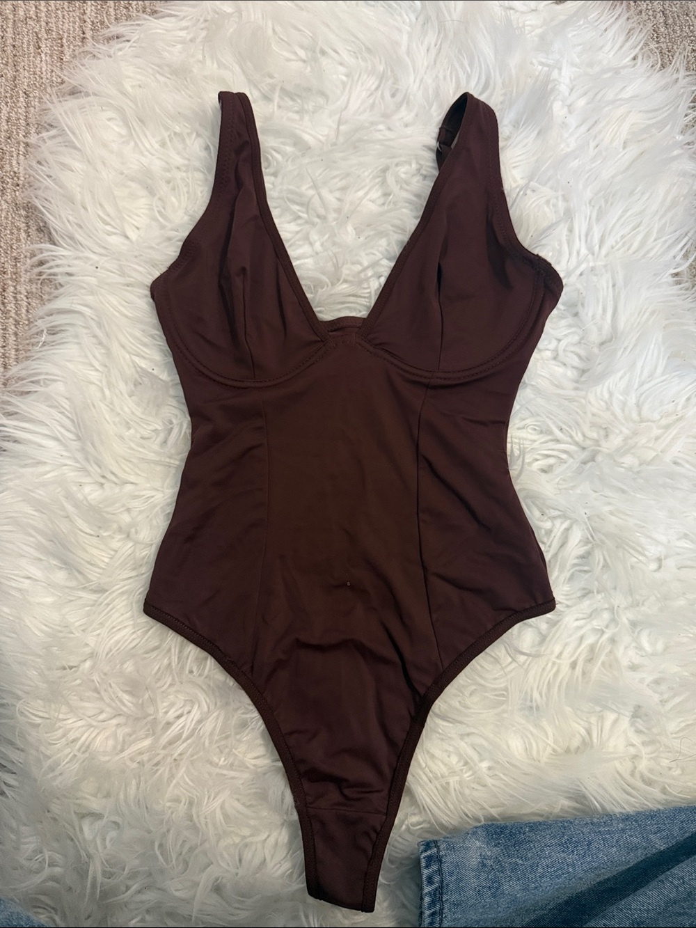 Deep Brown One-Piece V-Neck Swimsuit Extremely cheeky